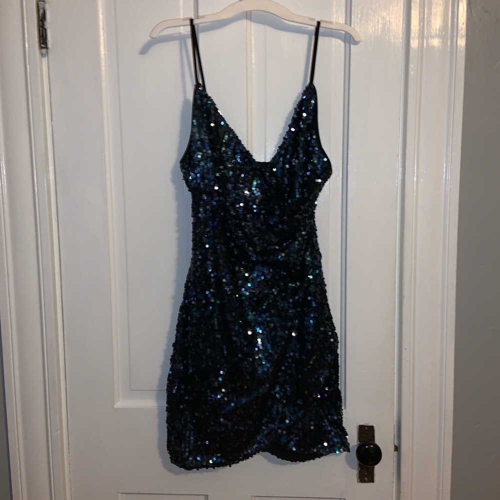 Black with blue/purplish iridescent sequins dress